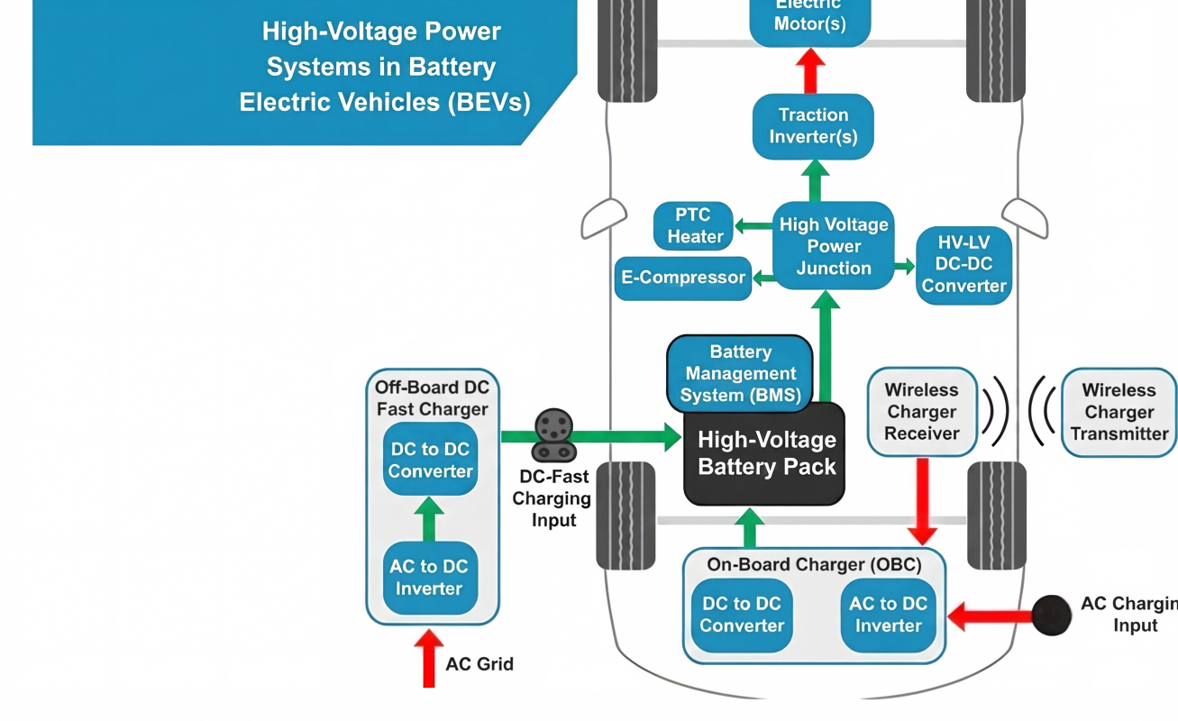 A high-voltage power system topology diagram for a Battery Electric Vehicle (BEV),